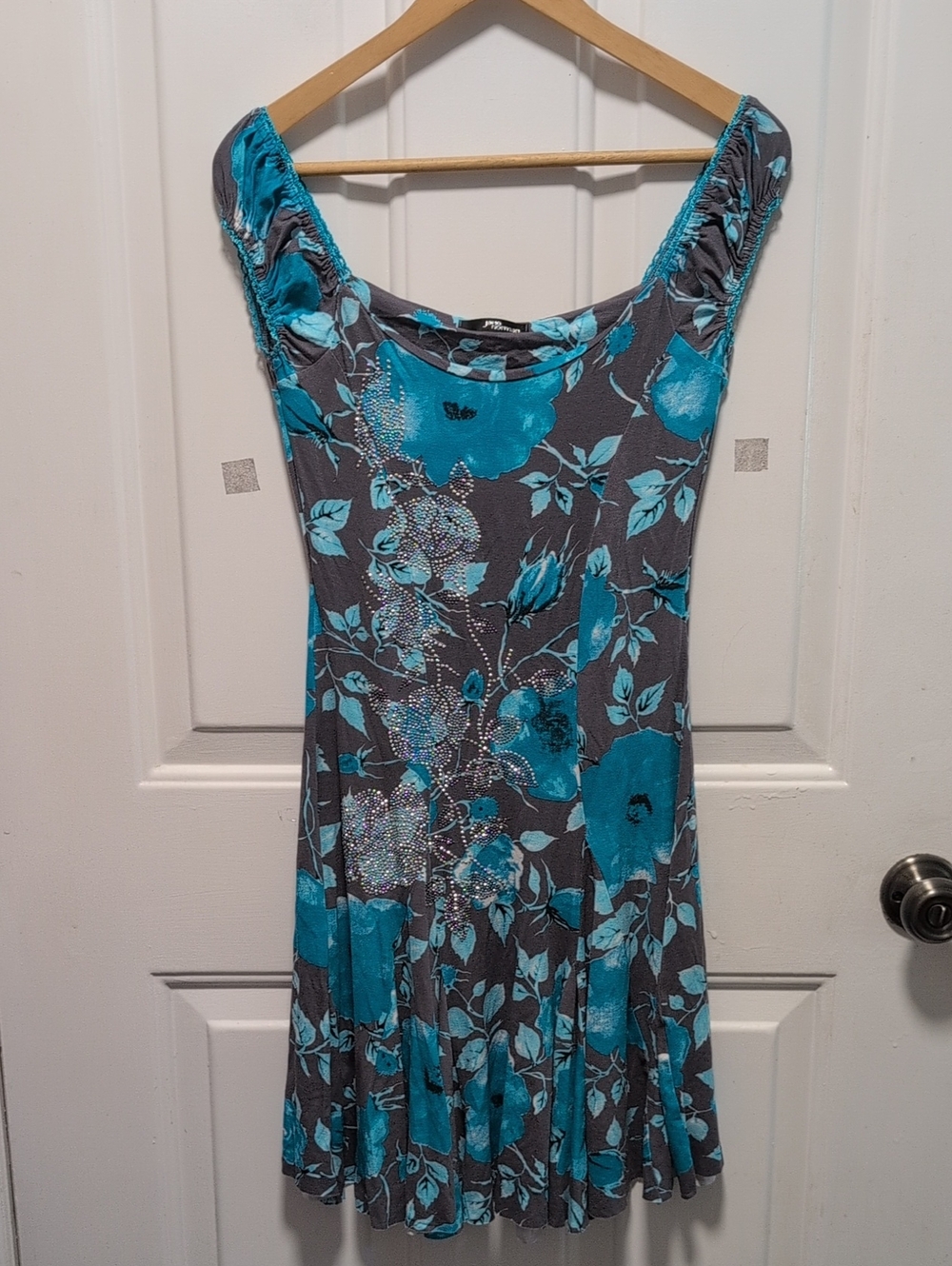 Floral Scoop Neck Mini Dress in Teal and Gray